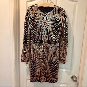 Black Long Sleeve Sequin Cocktail Dress with Gold Pattern